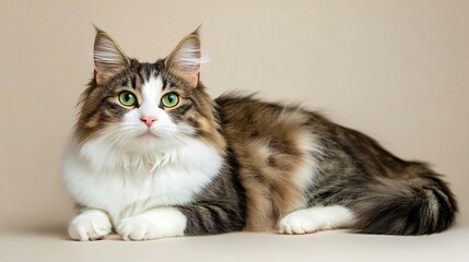 Fototapeta premium A fluffy Korean cat with striking green eyes lounging on a light beige background, showcasing its playful demeanor