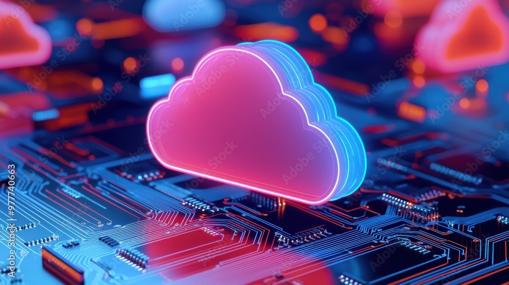 Poster vibrant cloud icon on a circuit board background, symbolizing cloud computing and modern technology.