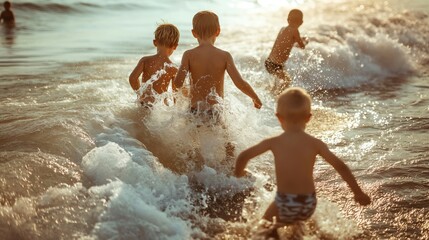 Fototapeta premium Four children splash and play in the ocean waves during a sunny day.