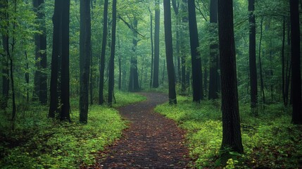 Obraz premium A peaceful forest with a walking path, 50 keywords