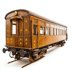 Fototapeta premium A vintage passenger train car with ornate details, luxury travel concept, isolated on white background