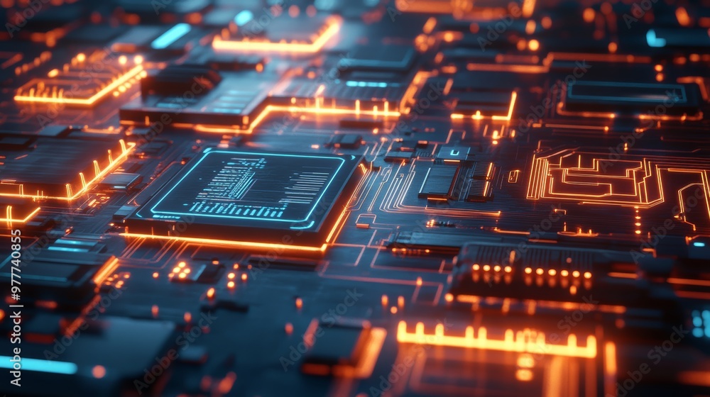 Poster abstract futuristic circuit board with glowing lines.