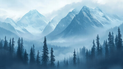 Obraz premium Canadian Wilderness mountains. Digital art. Handmade digital painting. Foggy landscape.