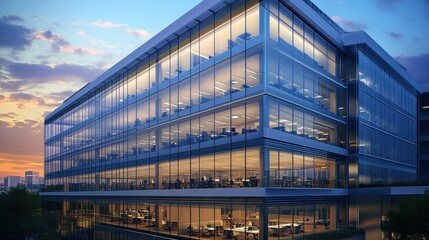 A modern office building with glass windows, 50 keywords