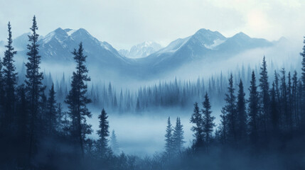 Canadian Wilderness mountains. Digital art. Handmade digital painting. Foggy landscape.