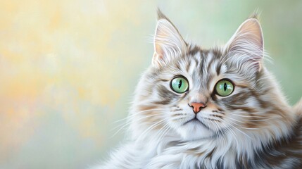 A close-up portrait of a Kurilian Bobtail cat, showcasing its unique features and bright eyes, against a soft pastel backdrop