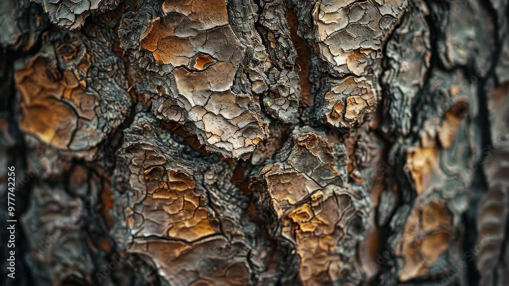 Poster exploring the intricate texture and patterns of tree bark in a forest environment