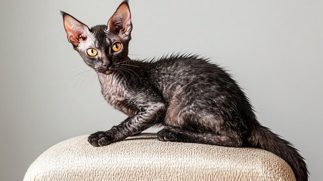 A Lykoi cat sitting gracefully on a plush cushion, showcasing its unique fur texture against a light solid color background