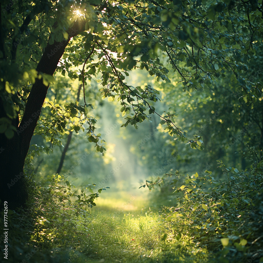 Poster a gentle breeze rustles leaves of forest, creating serene atmosphere. sunlight filters through trees