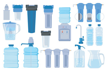 Water purification equipment set elements in flat graphic design. Bundle objects of bottles, coolers, pitcher with filters, pipeline, home faucet, pump system, tank, tap, other. Vector illustration.