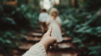 A child's hand is extended, pointing towards two children walking ahead of them up wooden steps in a green, forested area, creating a sense of wonder and adventure.
