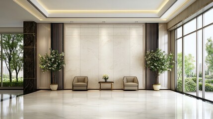 Obraz premium A large room with a white wall and a black trim. There are two chairs and a table in the room. The room has a modern and elegant design