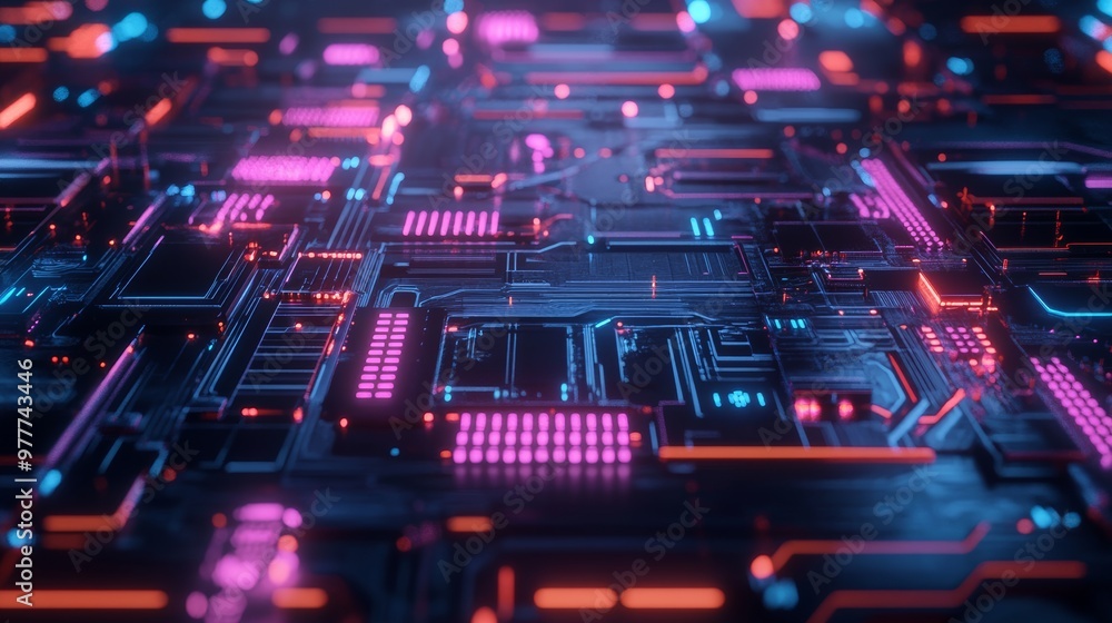Poster abstract circuit board with glowing lines and lights.