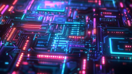 Obraz premium Futuristic Circuit Board with Glowing Neon Lights.