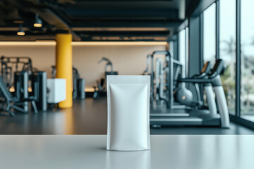 Fototapeta premium A blank, white pouch mockup is displayed on a tabletop in a modern gym setting. The gym equipment is visible in the blurred background, creating a fitness-focused environment.