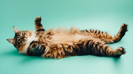 Obraz premium A fluffy moggie cat lounging comfortably on a pastel solid color background, showcasing its unique coat patterns
