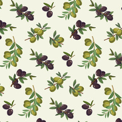 Green background with multi-colored olives.Vector seamless pattern with olive branches on a colored background.
