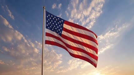 Obraz premium A large American flag is flying in the sky. The flag is red, white, and blue. The sun is setting, creating a warm and peaceful atmosphere