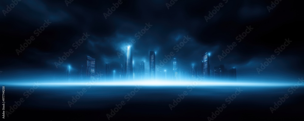 Poster futuristic city skyline illuminated by neon lights and surrounded by a misty atmosphere, creating a 