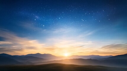 Fototapeta premium Stars dotting night sky, horizon line, drifting clouds, tranquil darkness.