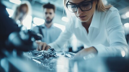 This image shows a group of professionals intently examining machinery on a well-lit table, suggesting meticulous analysis, modern engineering, and collaborative technological advancement.