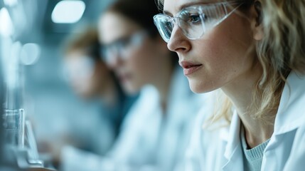 A woman in laboratory attire and protective eyewear focuses intently on her work, embodying the dedication and meticulous nature of scientific research.