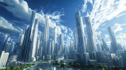 Naklejka premium A futuristic cityscape with tall skyscrapers, 50 keywords