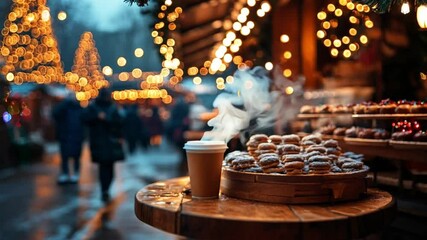 A cozy Christmas market stall adorned with warm lights and holiday decorations captures the festive spirit of the season as visitors browse nearby. Snowfall and flickering lights 4k video