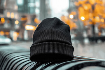 A black beanie hat mockup placed on a metallic bench in an urban outdoor setting. The blurred background features a street with buildings, lights, and autumn trees.
