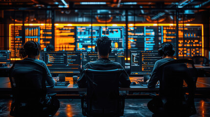 Naklejka premium A team of developers working on AI algorithms, with computer screens displaying code and data visualizations