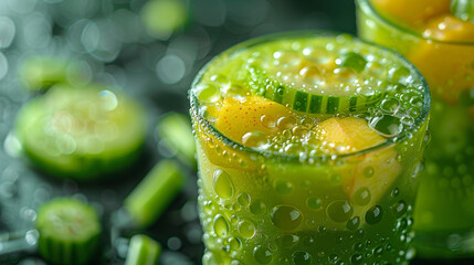 Close-up of a glass of apple celery juice, decorated with fresh celery sticks and apple slices