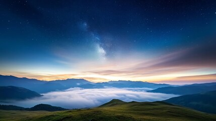 Fototapeta premium Stars shining over horizon, night sky, light clouds, tranquil darkness .