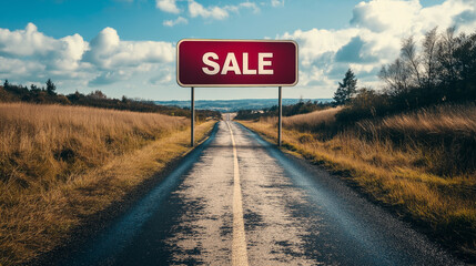 Road to Savings, a winding road leading to massive "SALE" signs, symbolizing the path to great deals, with copy space, Black Friday