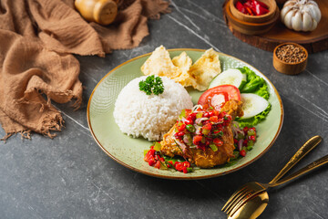 Nasi Ayam Geprek is Indonesian Food crispy fried chicken with hot and spicy sambal bawang. Served with rice