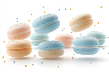 Floating Pastel Macarons with Sprinkles Suspended in Artistic Motion Mid Air Against a White Background