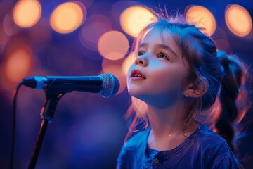 Little girl singing with microphone on stage with lights