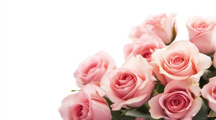 Fototapeta premium Beautiful bunch of fresh pink roses in full bloom against white background. Bouquet of flowers. Copy space for text. Valentine's day or Mother's day card.