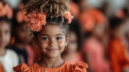 With her hair adorned with vibrant flowers, a young girl in an orange dress smiles brightly, embodying joy, innocence, and a sense of festive celebration.