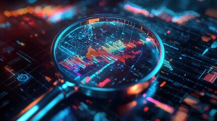 A cyberpunk-style depiction of a high-tech magnifying glass with neon lights, examining futuristic holographic financial graphs and data streams.