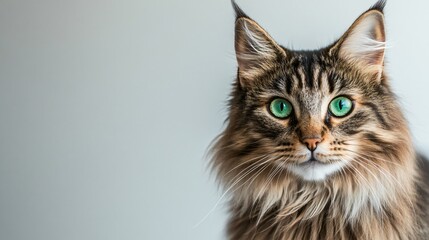 Obraz premium A close-up portrait of a Norwegian Forest Cat displaying its striking green eyes and majestic whiskers, set against a light solid color backdrop