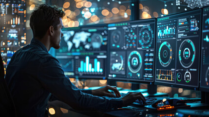 A team of developers working on AI algorithms, with computer screens displaying code and data visualizations