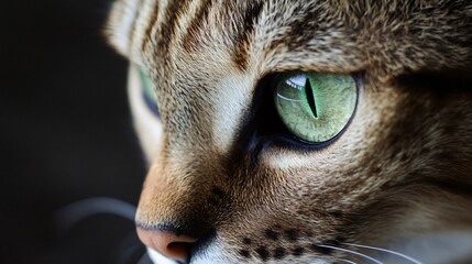 A close-up shot of an Ocicat cat's striking green eyes and distinctive fur patterns against a minimalistic backdrop
