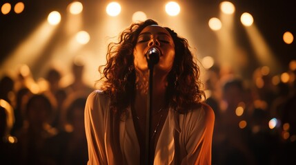 A captivating image of a performer on stage, set against a backdrop of bright lights and an enthusiastic audience, exuding energy and excitement in a live event.