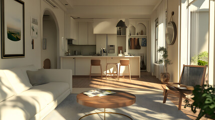 3D render of a downsized home interior with multifunctional furniture and clean lines.


