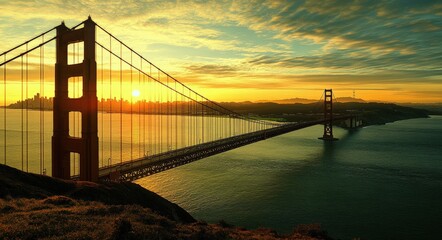 Fototapeta premium Golden Gate Bridge at Sunset in San Francisco, California: Iconic City Landmark