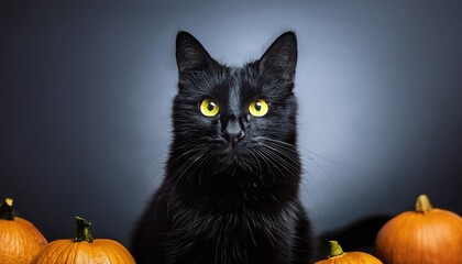 Black cat stares at pumpkins