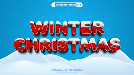 Winter christmas red glossy winter editable 3d vector text style effect with ice background