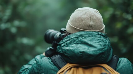 A person with a backpack is seen from the back while wearing a beanie and rain jacket, holding a camera to capture a moment in the misty woods, depicting an adventure scene.
