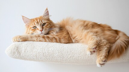 A fluffy orange cat lounging on a soft cushion with a light solid color background