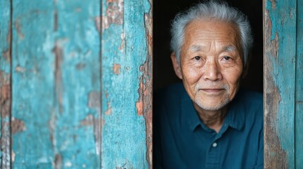 An elderly man with silver hair gazes warmly from an aged, rustic blue doorway, exuding warmth, wisdom, and tranquility in a historically rich setting.